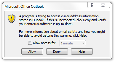 A program is trying to access e-mail address information stored in Outlook